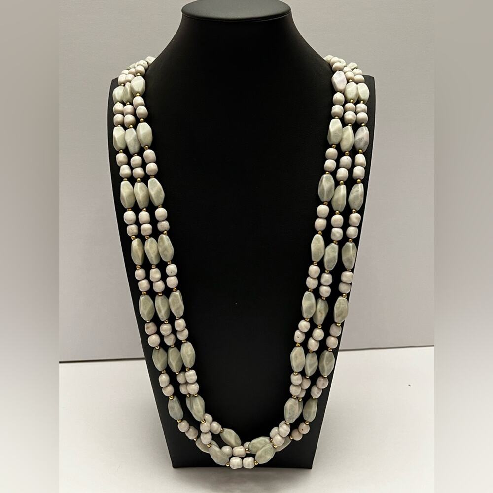 Vintage Japan Green Chalcedony Three Strand Long Chunky Stone Necklace 32"